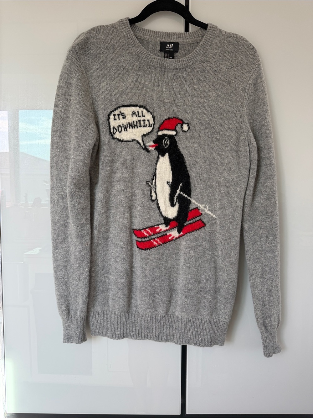 Wool blend H&M Gray Penguin Ski Crewneck Sweater with Red Accents
